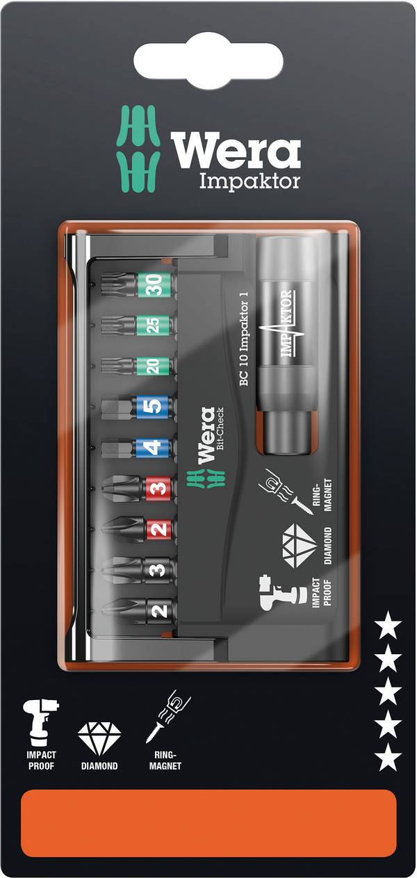 Wera 8740/51/55/67-9/IMP DC 05073980001 sada bitů, 10dílná, křížový PH, křížový PZ, inbus, TORX, 1/4" (6,3 mm)