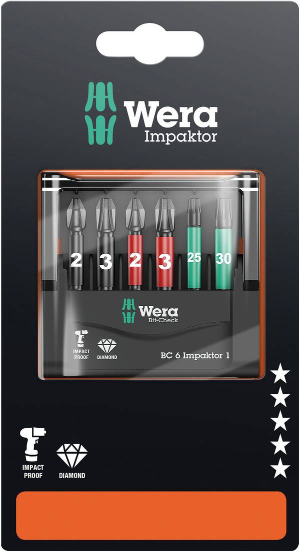 Wera Mini-Check IMP DC 50 mm PH/PZ/TX 05073890001 sada bitů, 6dílná, křížový PH, křížový PZ, TORX, 1/4" (6,3 mm)