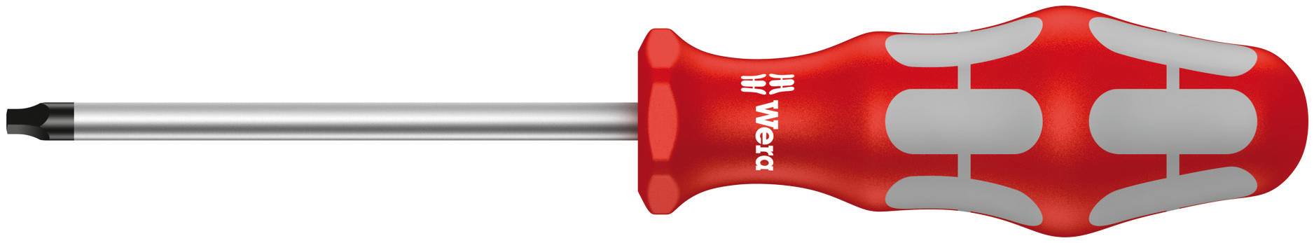 Červený šroubovák s ergonomickou rukojetí a stříbrným hrotem, ideální pro řemeslné použití.
