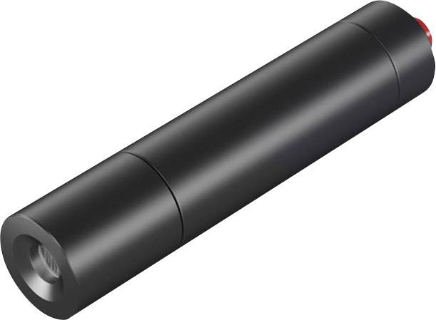Černý válcový laserový ukazovátko s červeným tlačítkem na konci.