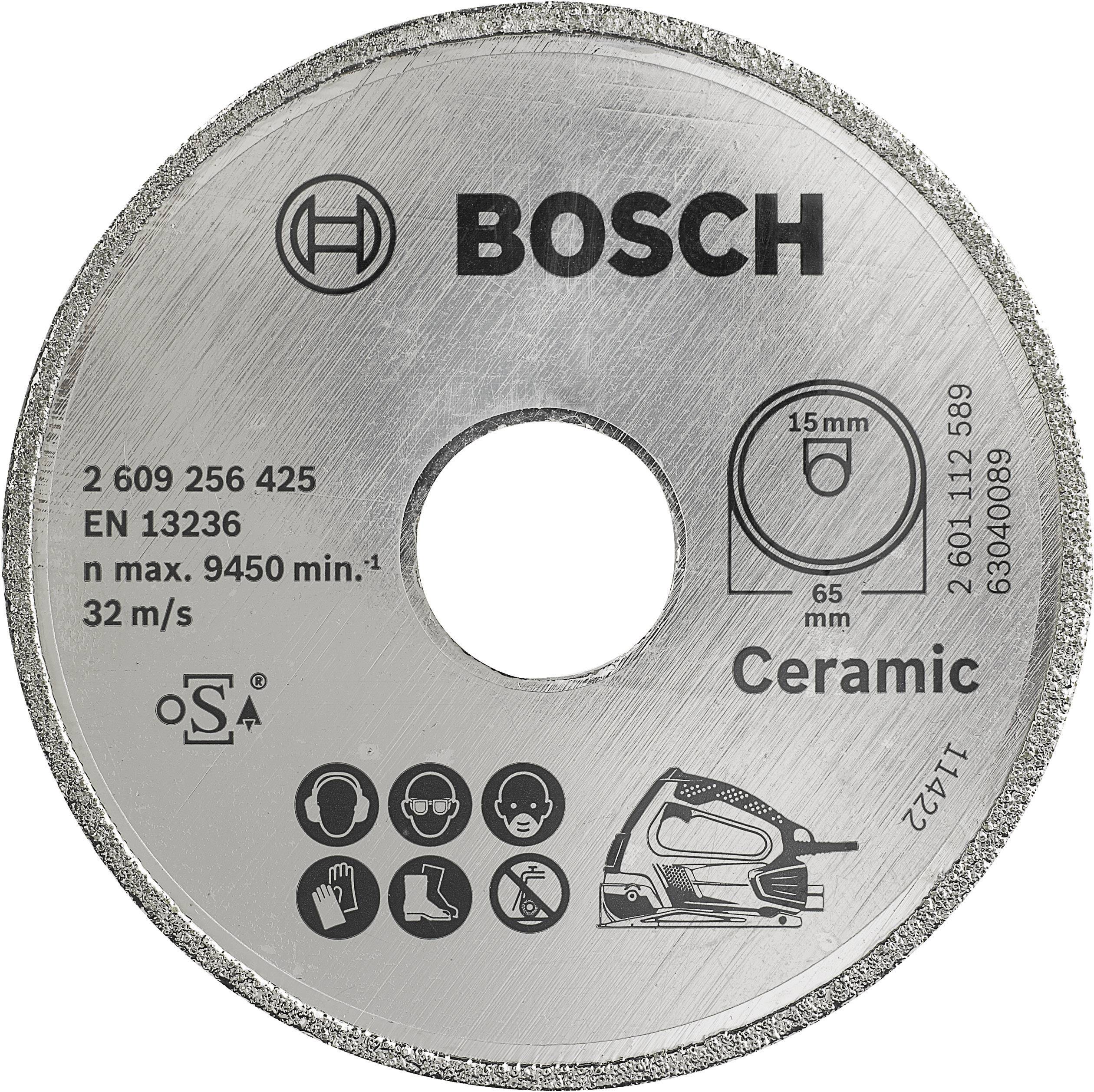 'Bosch keramický dělicí kotouč, max. 9450 ot./min, průměr 65 mm, bezpečnostní symboly: ochranné brýle, rukavice, požadována ochrana sluchu.'