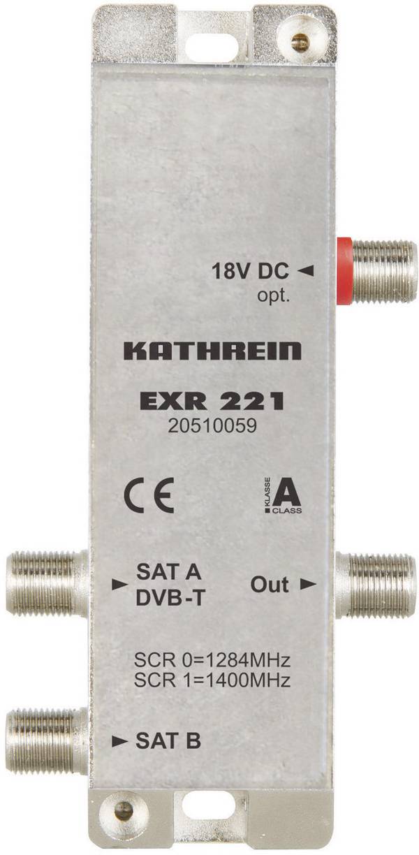 Kathrein EXR 221 rozdělovač satelitního signálu (Unicable II) Vstupy (vícenásobný spínač): 3 (2 SAT/1 terestrický) Počet účastníků: 2 Quad-LNB, Standby