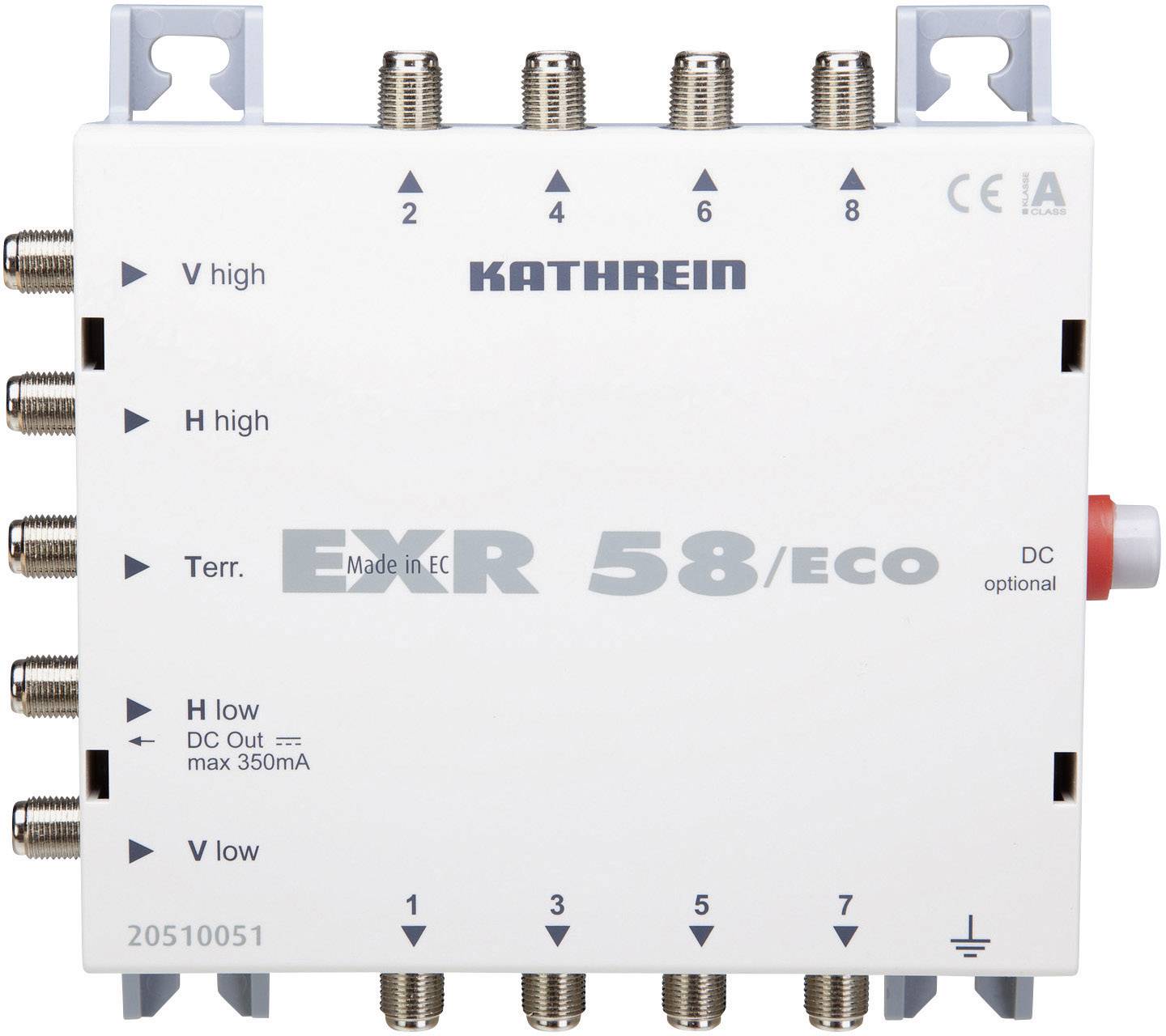 Multišífr od společnosti Kathrein s několika koaxiálními přípojkami. Model 'EXR 58/ECO'. Poznámky k vedení volských a terestriálních kabelů, s DC-výstupní opcí.