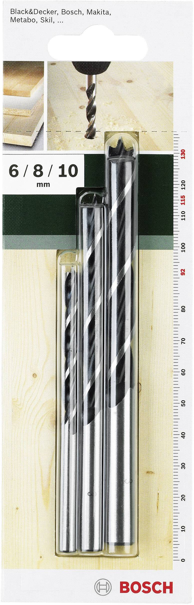 Sada tří dřevěných vrtáků Bosch o velikostech 6, 8 a 10 mm, prezentovaná na dřevěném podkladu. Vhodná pro různé typy vrtaček.