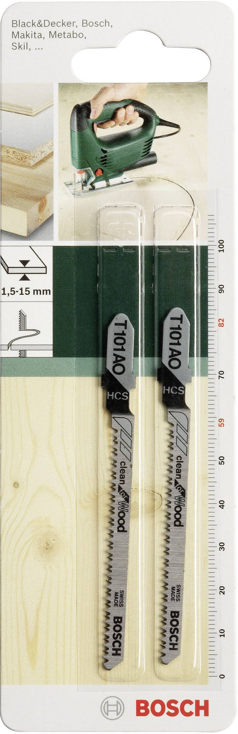 Pilové listy Bosch pro dřevo, dva pilové listy v balení, kompatibilní s přímočarými pilami; značení ukazuje kompatibilitu s různými značkami.