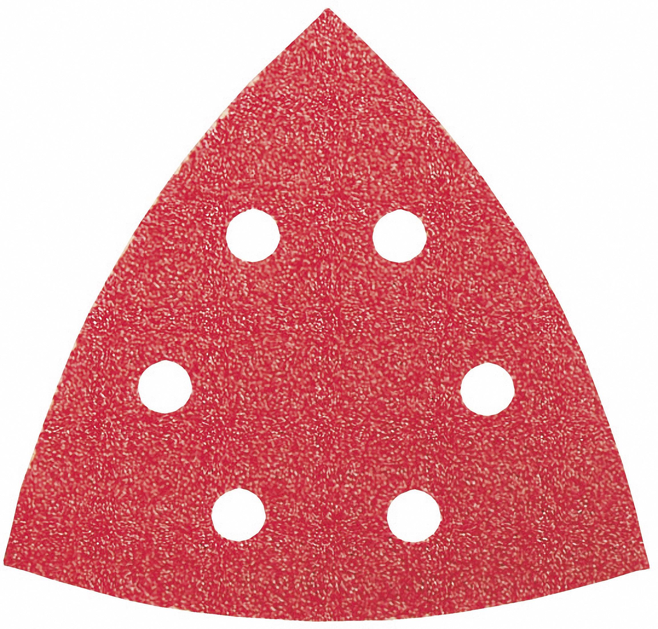 Červený, trojúhelníkový smirkový papír s šesti otvory, používaný pro trojúhelníkovou brusku.