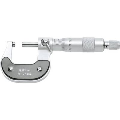 Mechanický mikrometr pro měření malých vzdáleností až do 25 mm s přesností 0,01 mm, na bílém pozadí.