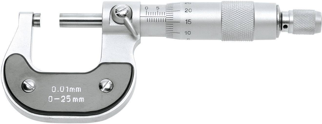 Mikrometr pro měření malých vzdáleností, ukazuje kalibraci od 0,01 mm do 25 mm, s otočným knoflíkem pro jemné nastavení.