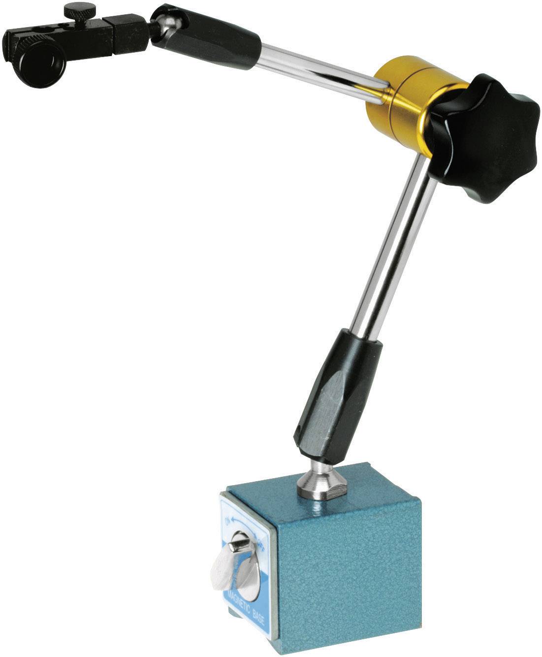 Nastavitelný magnetický stativový držák s kloubovým ramenem, žlutým otočným knoflíkem a modrým magnetickým podstavcem, vhodný pro upevnění měřicích přístrojů.