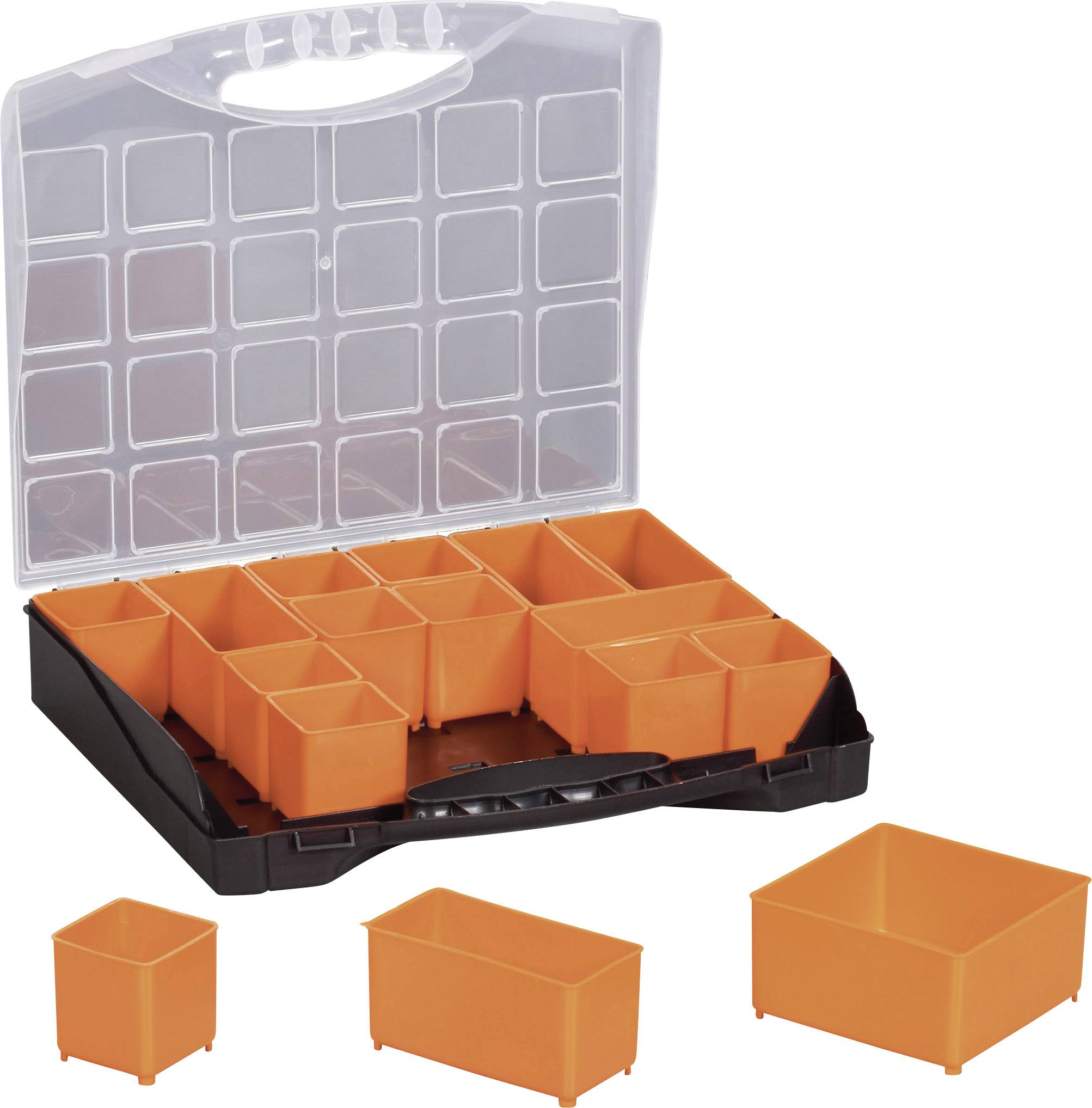 Otevřený úložný box s oranžovými přihrádkami různých velikostí. Čtyři přihrádky jsou pro lepší viditelnost vyjmuty.
