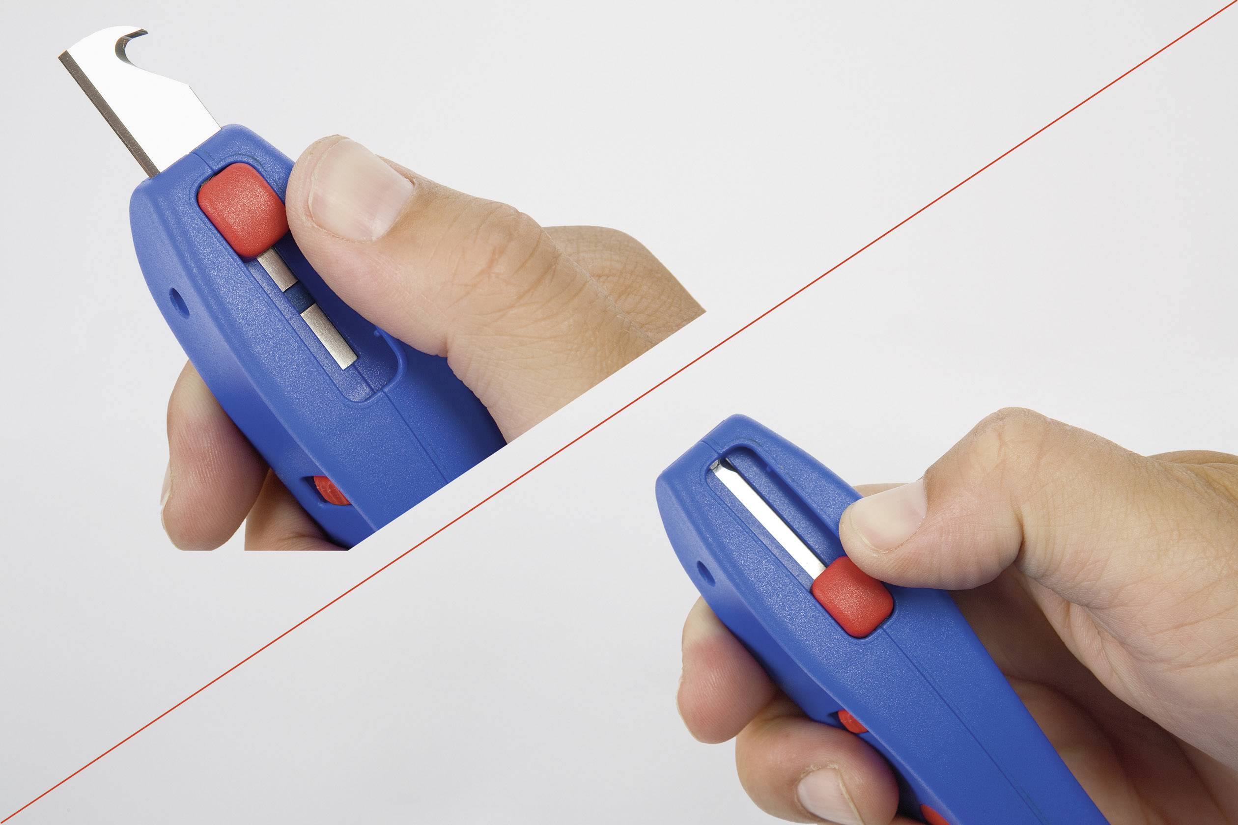 Dva obrázky modrého bezpečnostního nože. Nahoře: Vysunutá čepel. Dole: Zasunutá čepel. Oba nože jsou drženy v jedné ruce.