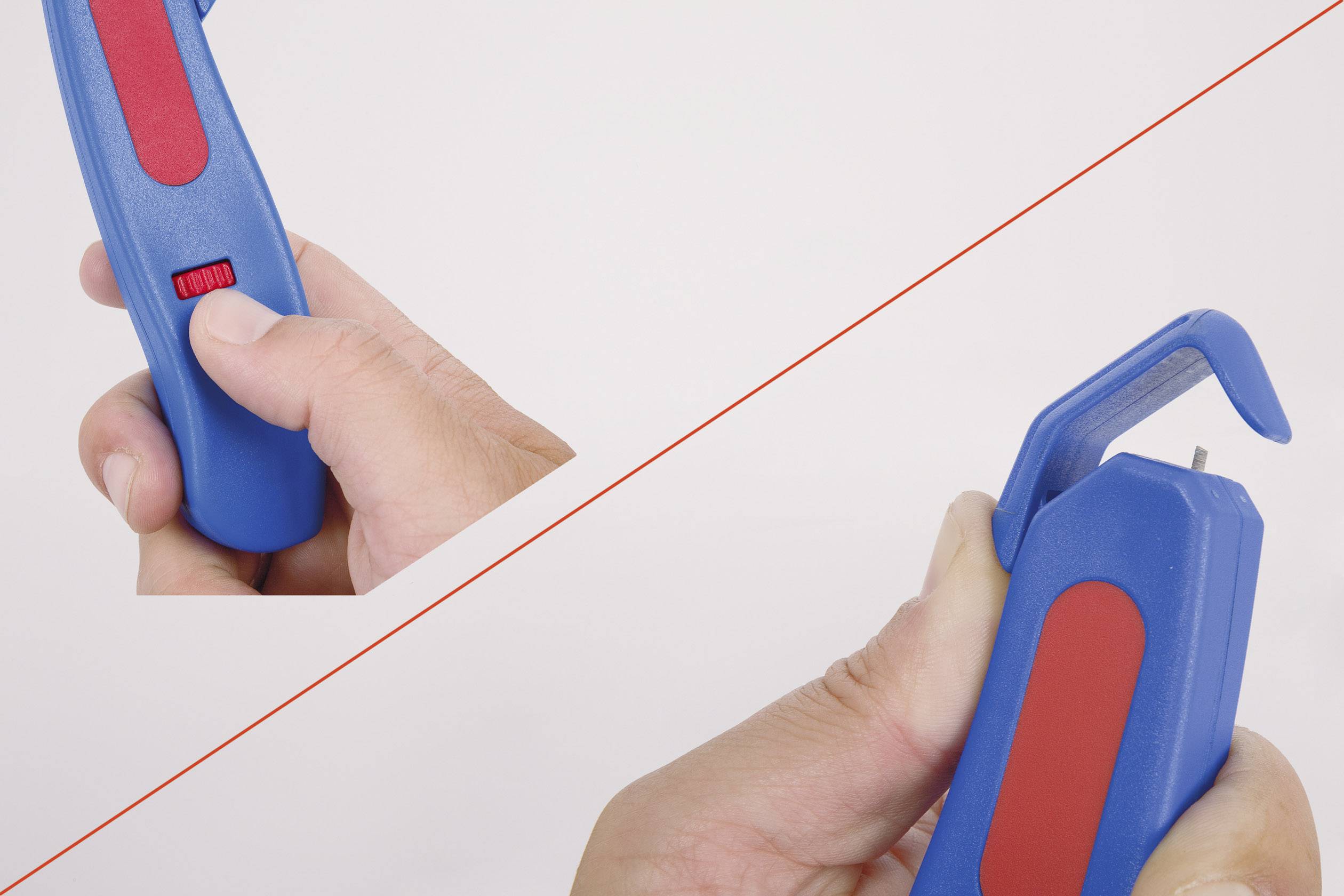 Ruce, které drží a používají modrý bezpečnostní řezák s červeným držadlem. Řezák má zasouvatelné ostří.