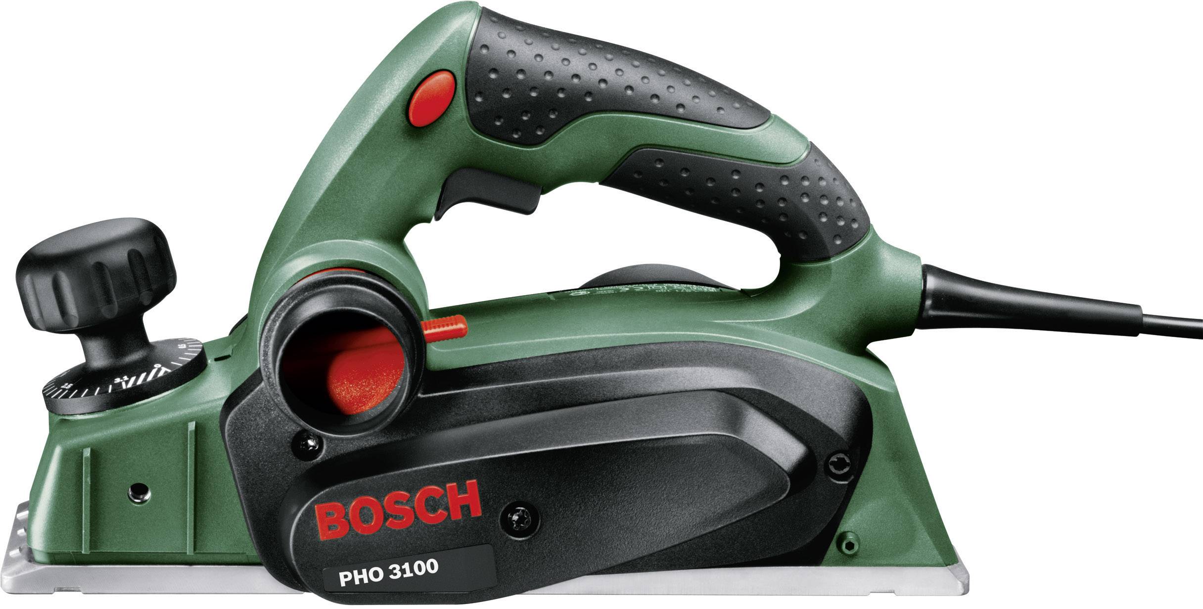 Elektrický hoblík značky Bosch model PHO 3100 s přídavným otočným knoflíkem a rukojetí, vhodný pro přesné opracování dřeva.