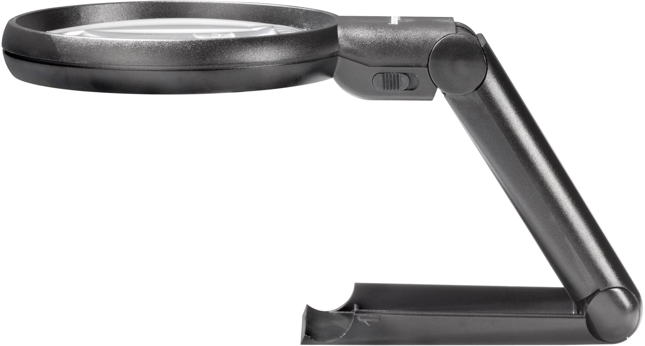 Černá stolní lupa se sklopným stojanem a velkým kulatým sklem, vhodná pro zvětšování textu a malých objektů.