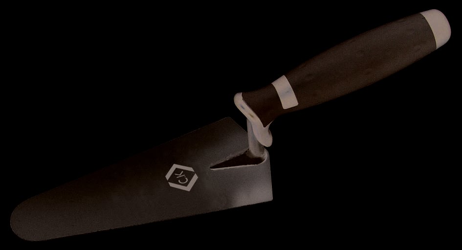 Lžíce s ergonomickou rukojetí, vhodná pro stavební práce a použití malty.