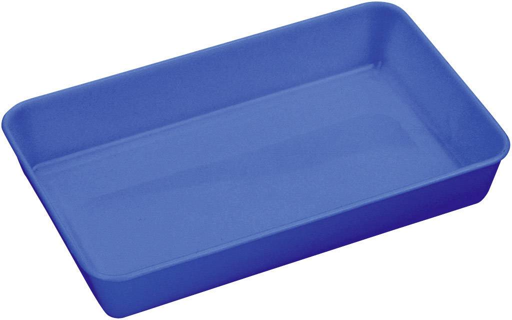 Modrý plochý obdélníkový podnos.