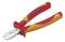 Štípací kleště pro elektrikáře s červenými a žlutými izolovanými rukojeťmi, vhodné pro práci s elektrickými vodiči.