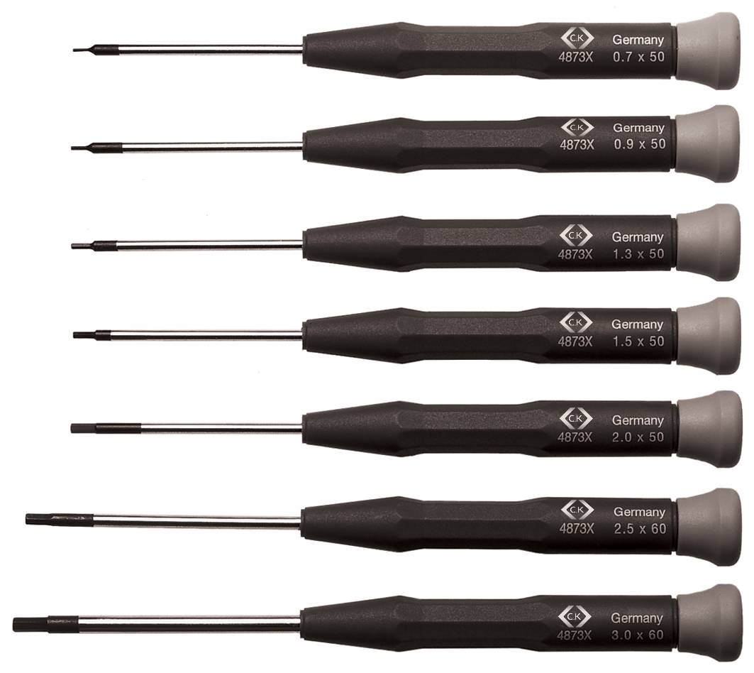 Šest přesných šroubováků s různými velikostmi od 0,7 do 3,0 mm, vyrobených v Německu, umístěných vedle sebe.