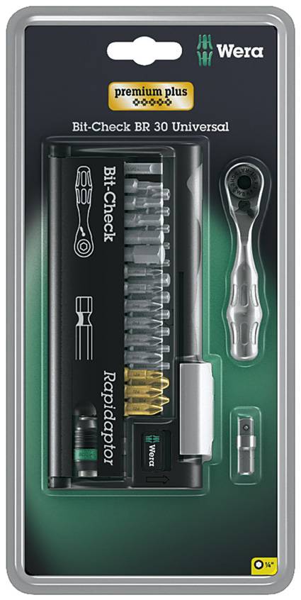 Sada bitů v blistrovém balení se 30 bity, ráčnovým držadlem a adaptérem. Značka 'Wera', s nápisem 'Bit-Check BR 30 Universal'.