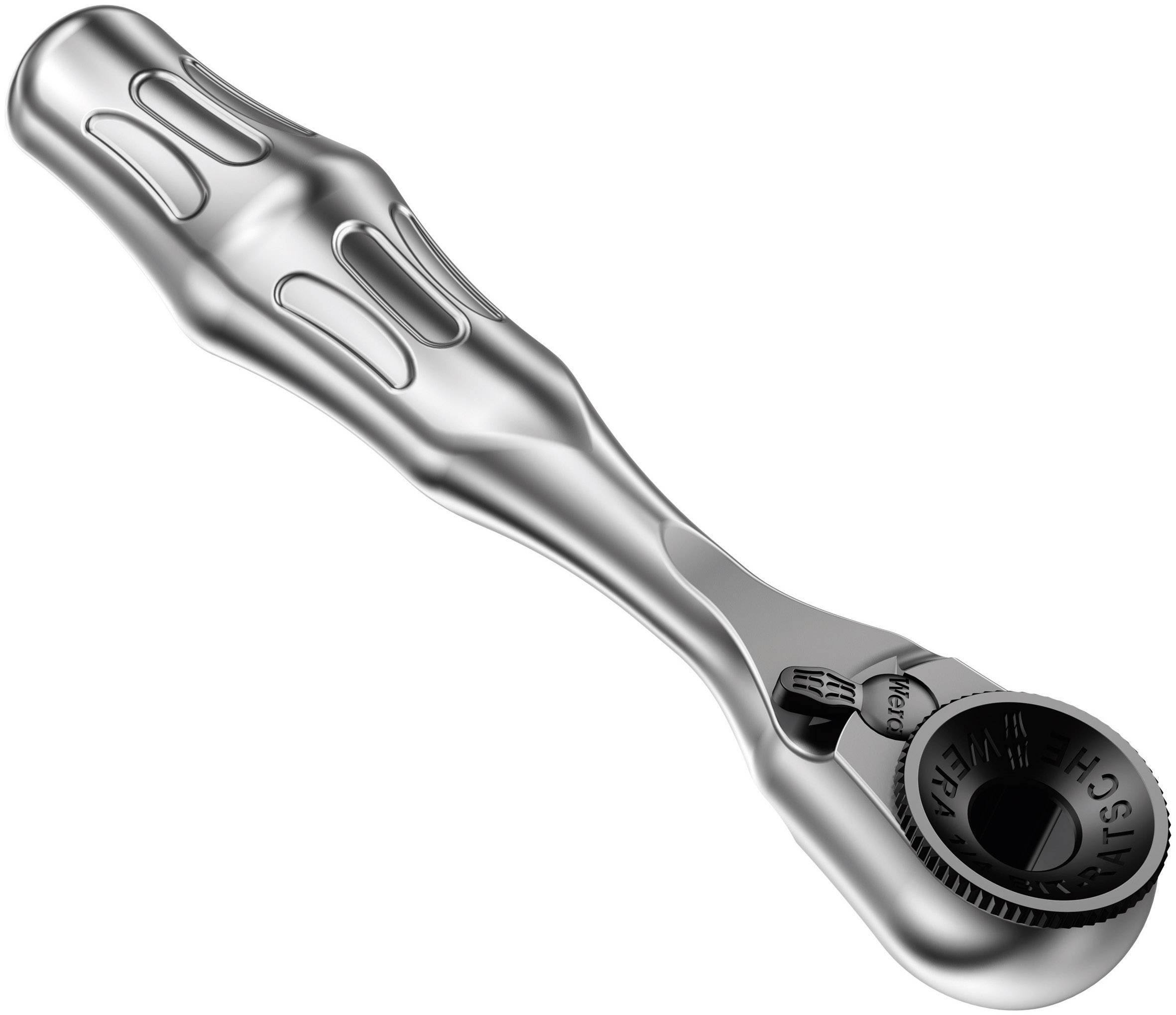 Stříbrná ráčna s ergonomickou rukojetí a otočnou hlavou, ideální pro rychlé a efektivní šroubování v těsných prostorech.