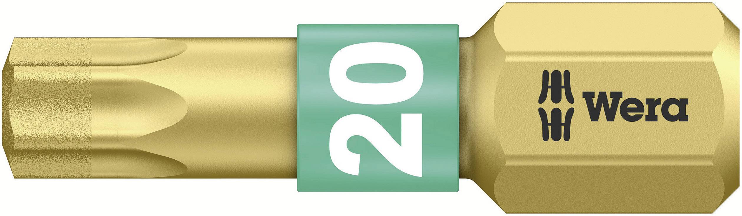Šroubovací bit od Wery, zlaté barvy, velikost 20, s vroubkovaným hrotem a zeleným kroužkem pro lepší úchop.