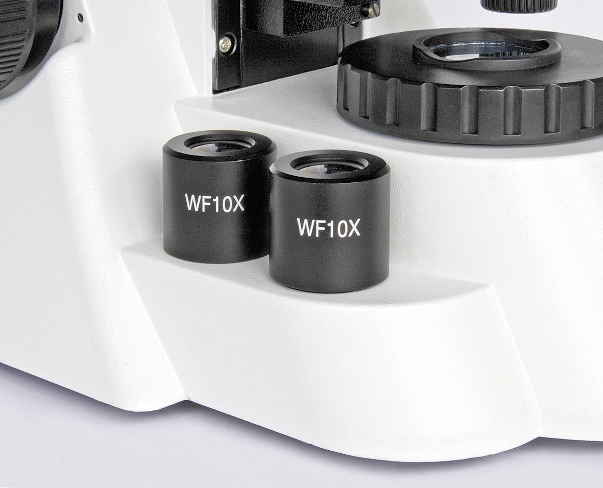 Dva černé okuláry 'WF10X' na bílém podstavci mikroskopu, poblíž zaostřovací plošiny.