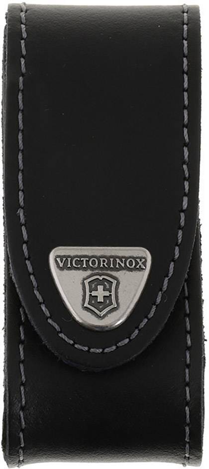 Černé kožené pouzdro se stříbrným logem 'Victorinox', vhodné pro uložení kapesního nože nebo malého nástroje.