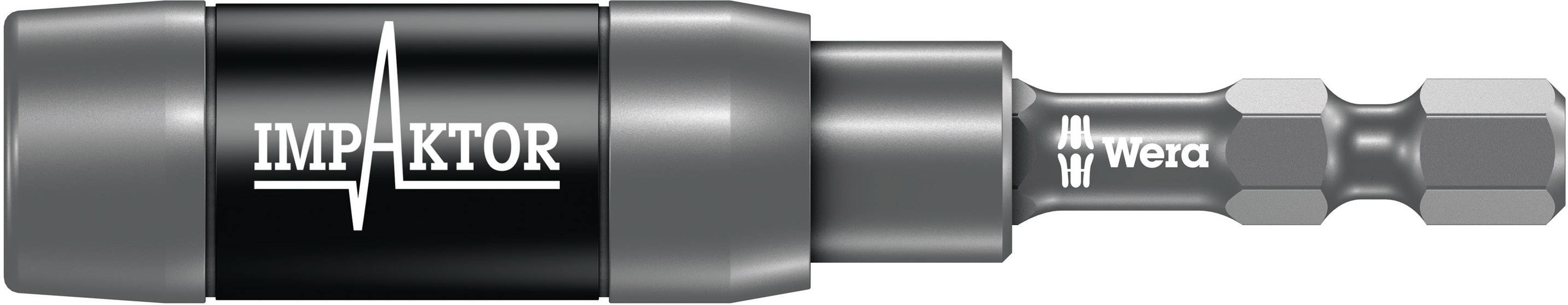 Magnetický držák bitů pro šroubovák s nápisem 'Impaktor' a 'Wera', černý a šedý, vhodný pro tvrdé materiály.