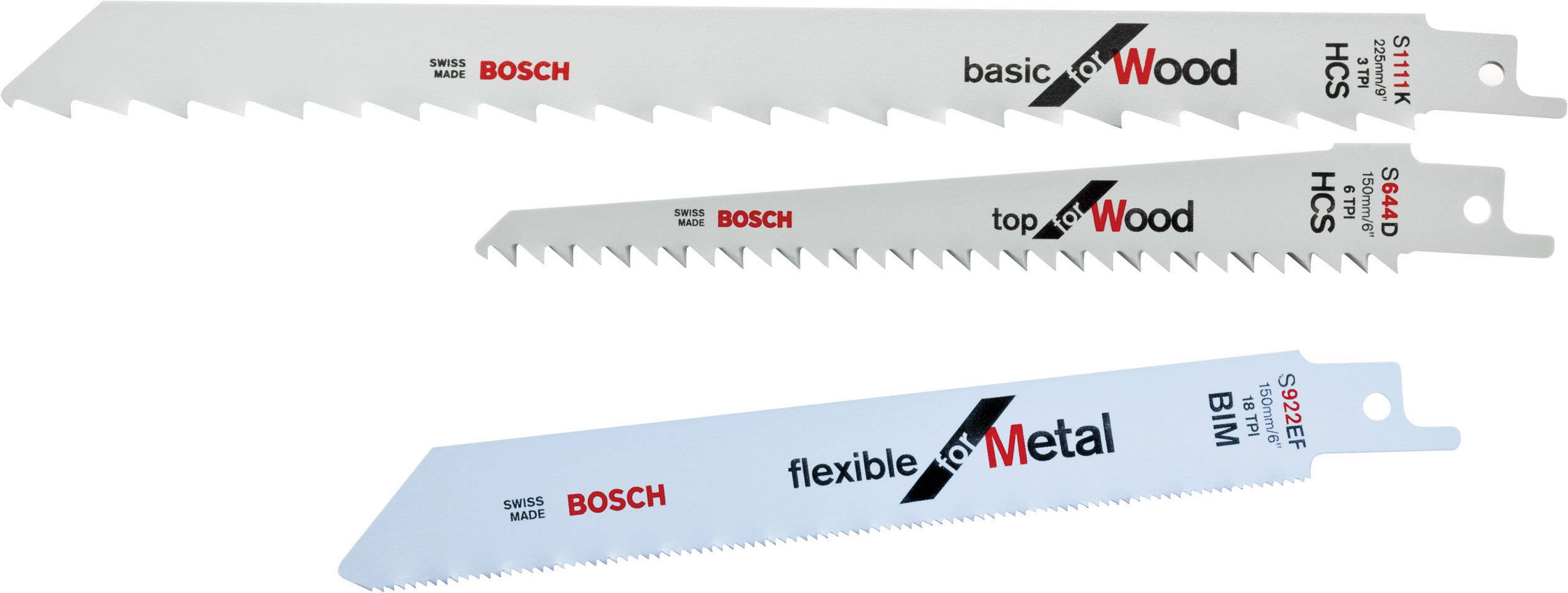 Tři pilové listy od Bosche: 'basic for Wood', 'top for Wood' a 'flexible for Metal'. Vhodné pro práci se dřevem a kovem.