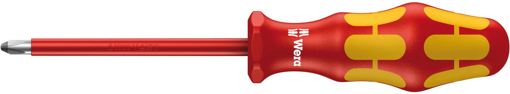 Červený šroubovák s žlutými detaily a ergonomickou rukojetí, vhodný pro křížové šrouby.