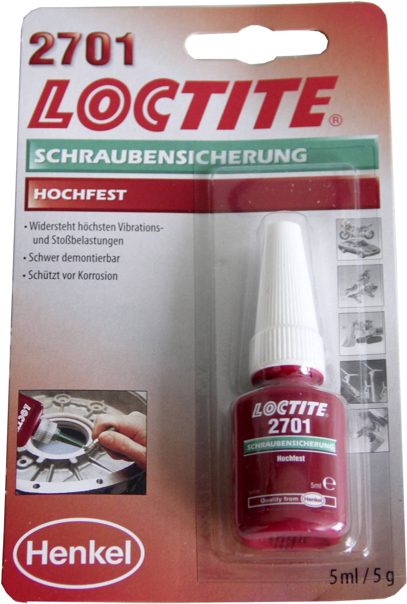 Balení lepidla 'Loctite 2701', zajišťovač šroubů, vysoce pevnostní, 5ml, chrání před korozí, odolává vibracím a otřesům.