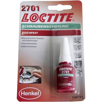 Balení lepidla 'Loctite 2701', zajišťovač šroubů, vysoce pevnostní, 5ml, chrání před korozí, odolává vibracím a otřesům.