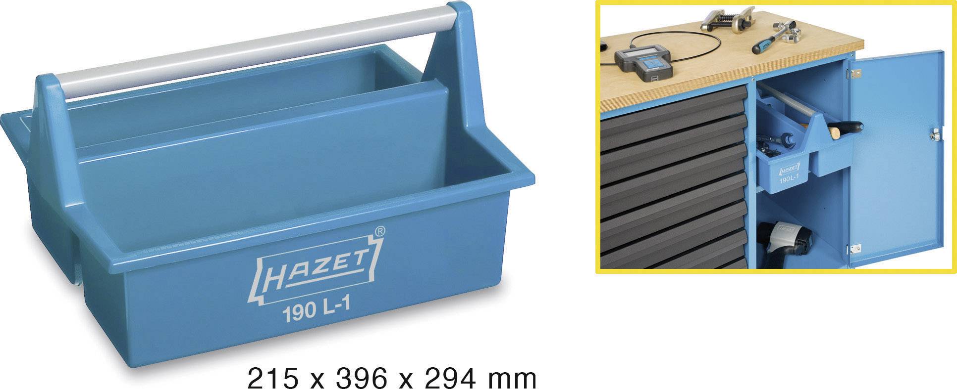 Modrý kufr na nářadí 'Hazet 190 L-1' s rukojetí, rozměry: 215 x 396 x 294 mm. Zobrazen vedle pojízdného vozíku s otevřenými zásuvkami.