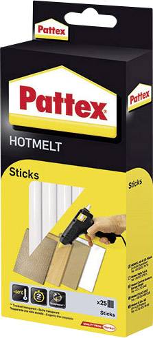 Černý obal Pattex Hotmelt tyčinek s obrázkem ruky, která míří tavnou pistolí na dřevo. Obsahuje 25 kusů.