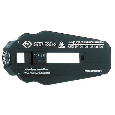 'Nastavitelný odizolovávač, model 3757 ESD-2, pro vodiče o průměru 0,25-0,80 mm a AWG 30-20, vyrobeno v Německu.'