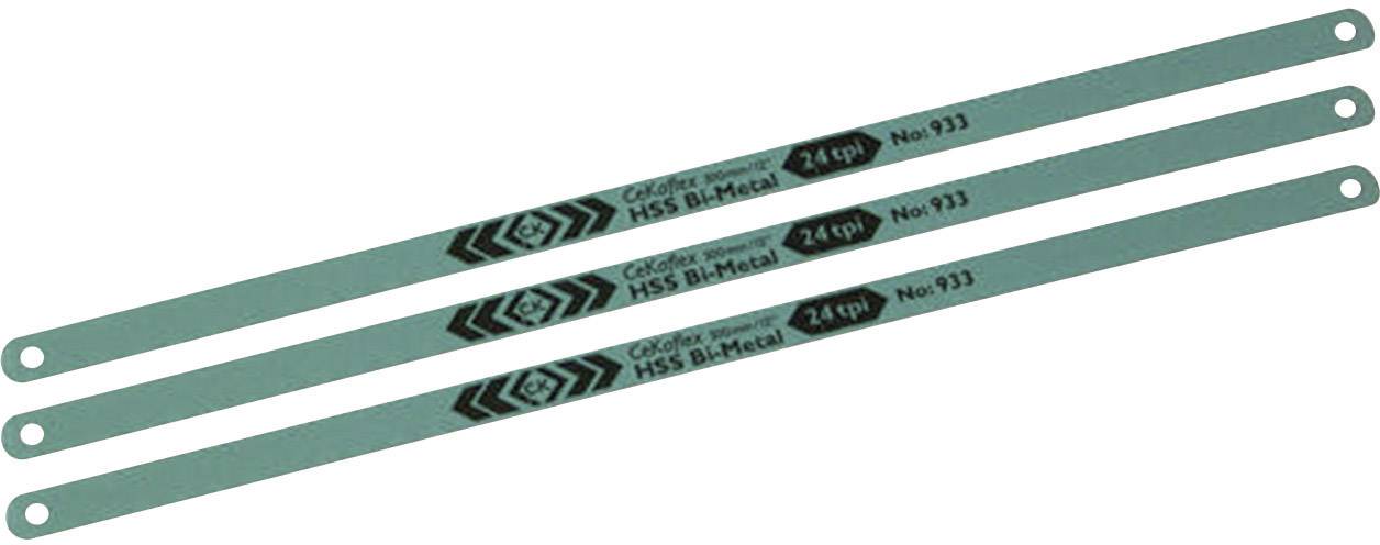 Tři zelené kovové pilové listy v řadě, každý s nápisem 'HSS Bi-Metal 24 tpi č. 933'.