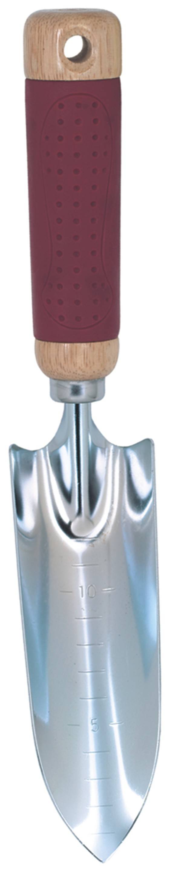 Zahradní lopatka s dlouhým, úzkým kovovým listem a dřevěnou rukojetí. Ideální pro sázení květin nebo malých rostlin na zahradě.