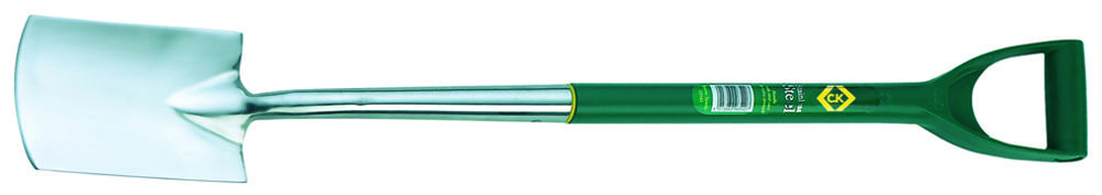 Zelený zahradní rýč s stříbrným kovovým listem a D-rukojetí. Vhodný pro orání a zpracování půdy v zahradě.
