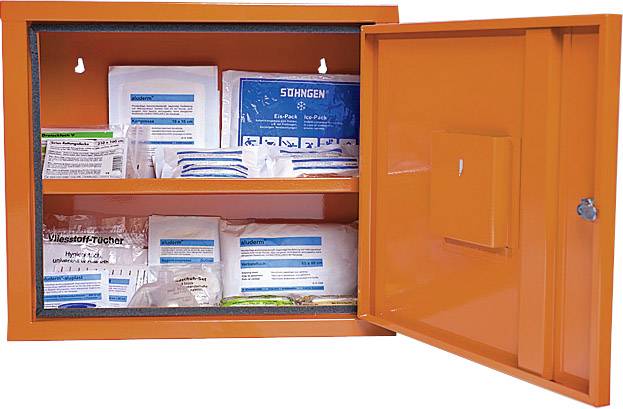 Otevřená oranžová lékárnička s různými zdravotnickými potřebami, včetně náplastí a sterilních kompresních obvazů.