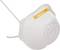 Respirátor v bílé barvě s žlutým ventilačním proužkem, s postranními pásky pro upevnění.