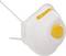Respirátor v bílé barvě s žlutým ventilem, boční pohled, ukazující nastavitelné gumové pásky. Ideální pro filtraci vzduchu.