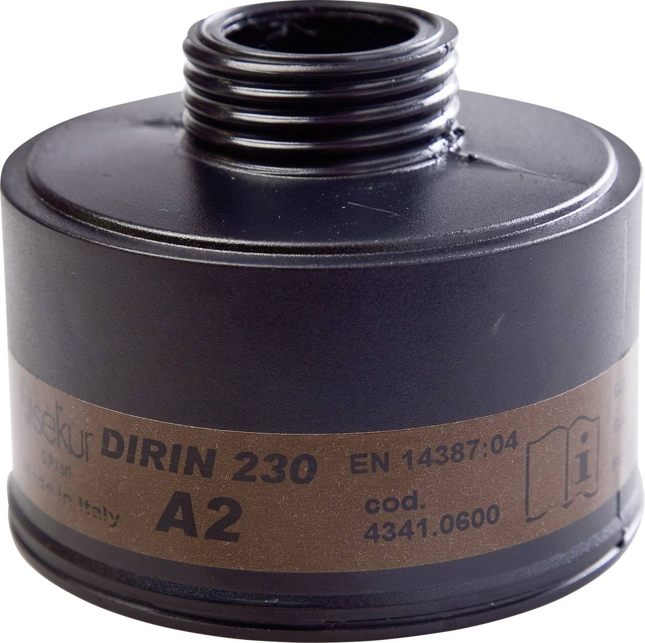 Kulatý černý plynový filtr s hnědým štítkem, označený "DIRIN 230 A2". Testován podle EN 14387:04, vyroben v Itálii.