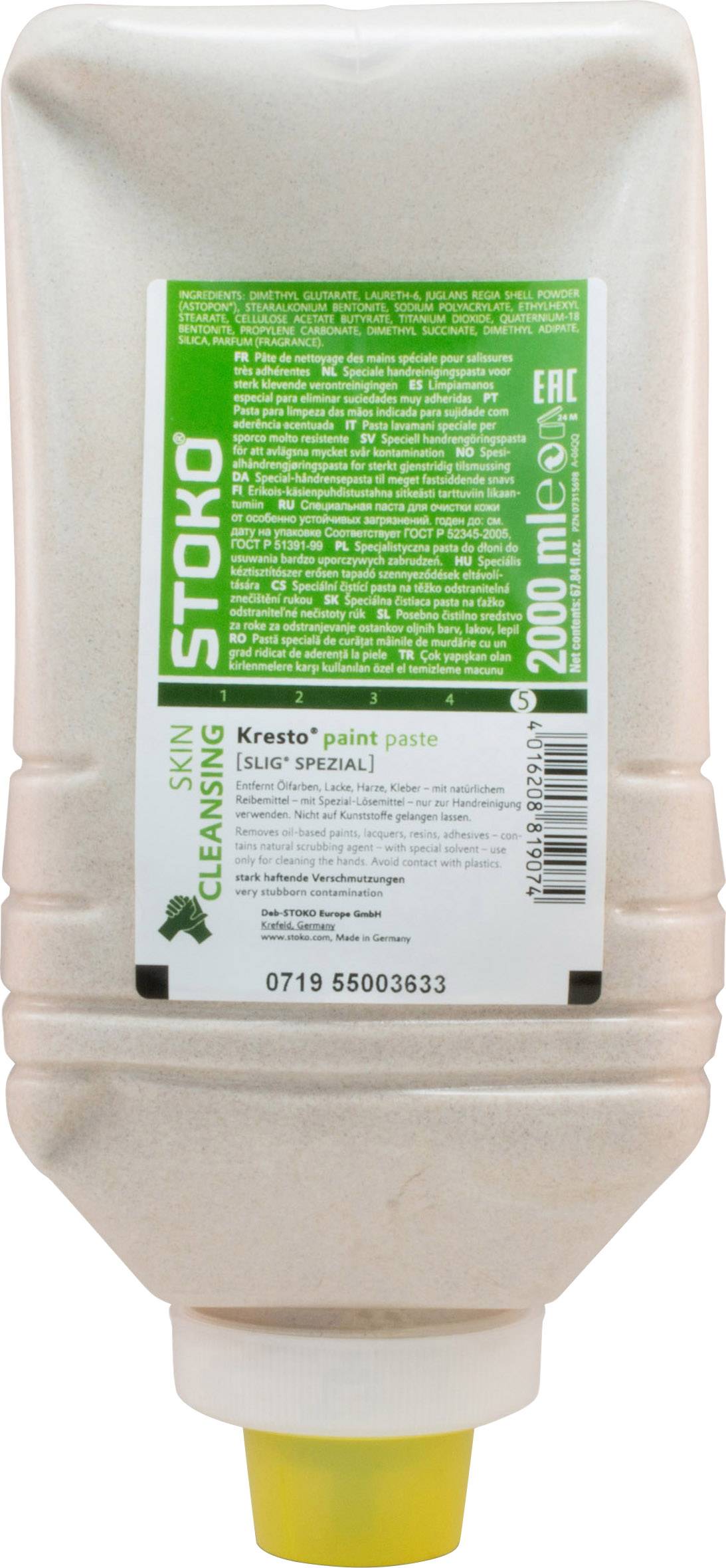 Nádoba se Stoko Skin Cleansing, Kresto čisticí pastou. Obsah 2000 ml, vhodná pro čištění silně znečištěných rukou.
