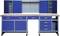 Modrý pracovní stůl se skříňkami, zásuvkami a dřevěnou pracovní deskou, vhodný pro organizaci dílny a uchovávání nářadí.