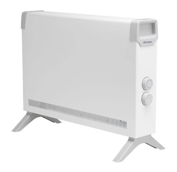 Bílý elektrický topný panel se stojnými nožkami a dvěma otočnými regulátory na straně. Ideální pro vytápění malých vnitřních prostor.