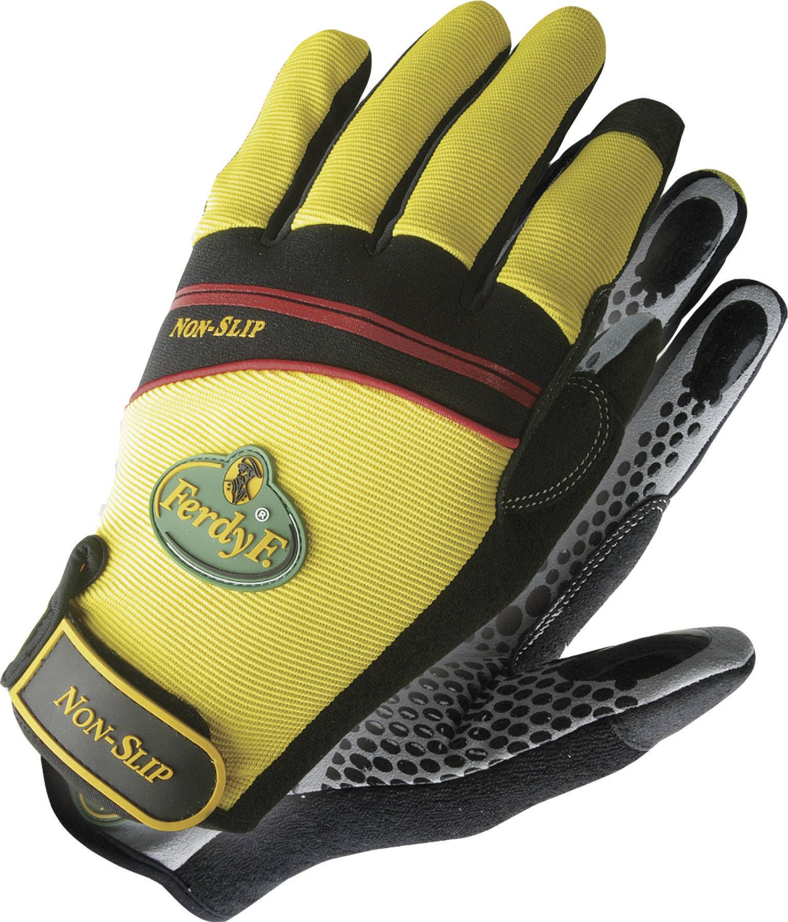 Žlutá pracovní rukavice s černým a červeným detailem. Na hřbetu ruky je nápis 'Non-Slip' a je viditelné logo 'FerdyF'.