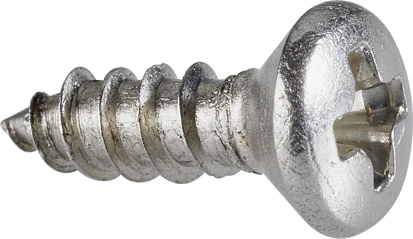 Stříbrná kovová šroub s křížovou hlavou, vhodná pro dřevěné nebo plechové spoje. Jasný lesk na povrchu.