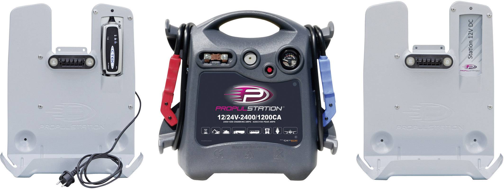 Přenosná startovací baterie 'Pro-Start PS1101' s přípojkami a ovládacím panelem. Po stranách jsou viditelné dvě odkládací plochy.