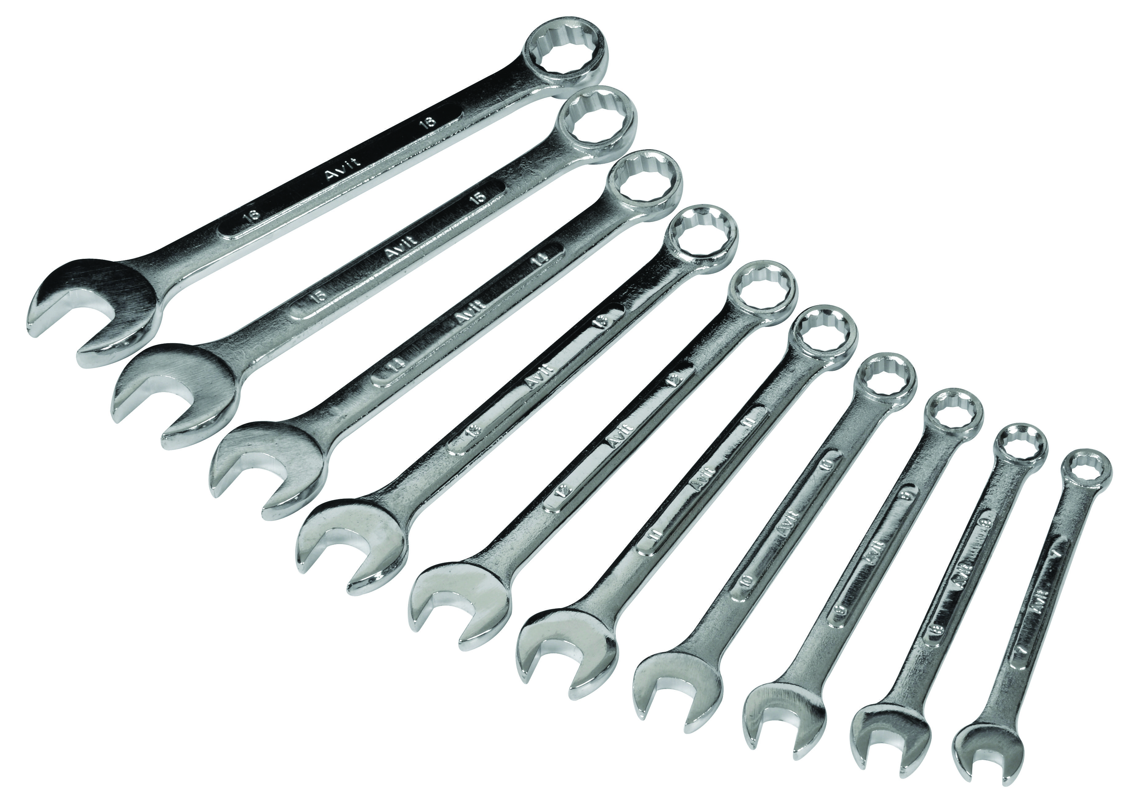 Sada deseti otevřených klíčů s kroužkem v různých velikostech, uspořádaná vedle sebe.