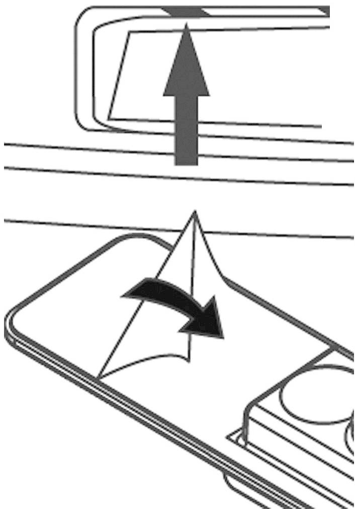 Černobílá skica zobrazuje smartphone s ochrannou fólií. Šipka ukazuje, jak opatrně sejmout fólii směrem nahoru.